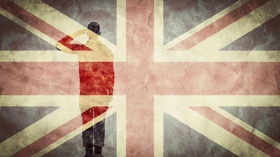 Solider in front of union jack